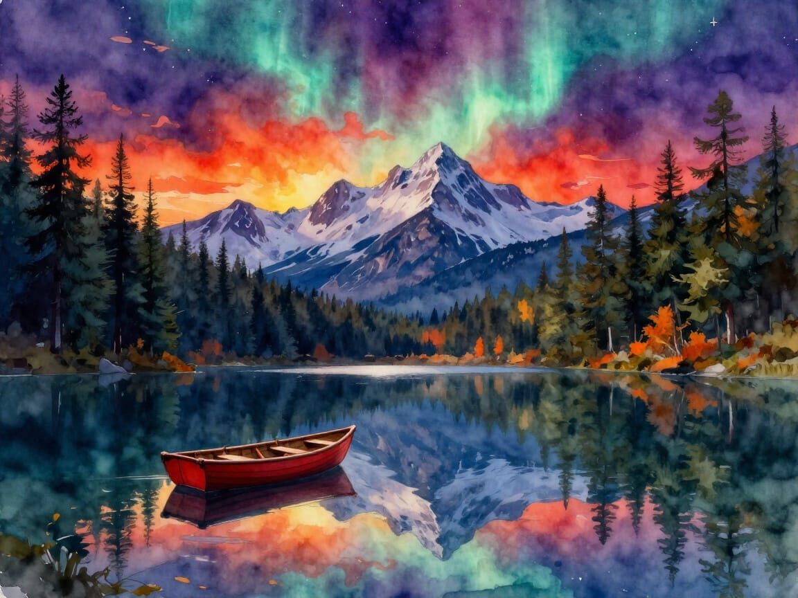 Vivid Watercolor Twilight Landscape with Alpine Lake and Aur...