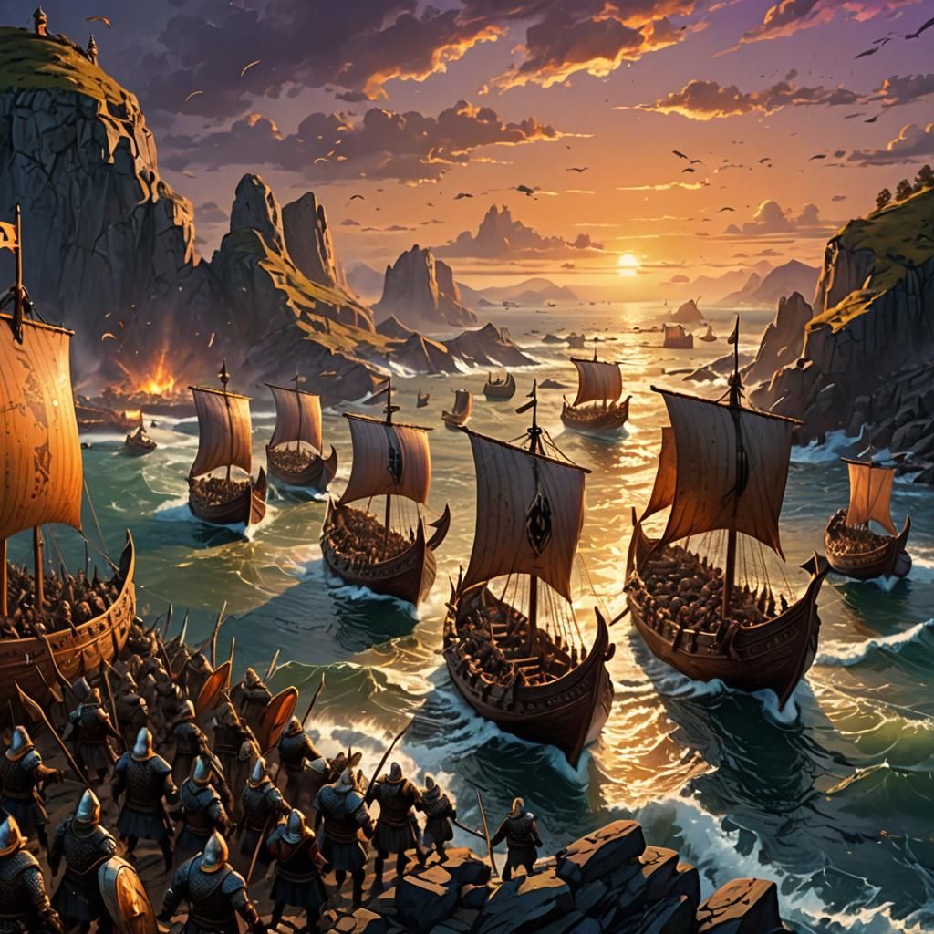 Viking Armada Approaches England: Epic Fantasy Art