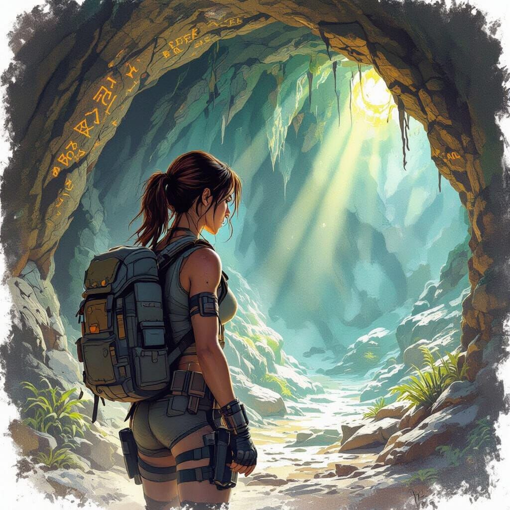 Lara Croft's Torchlit Cave Discovery