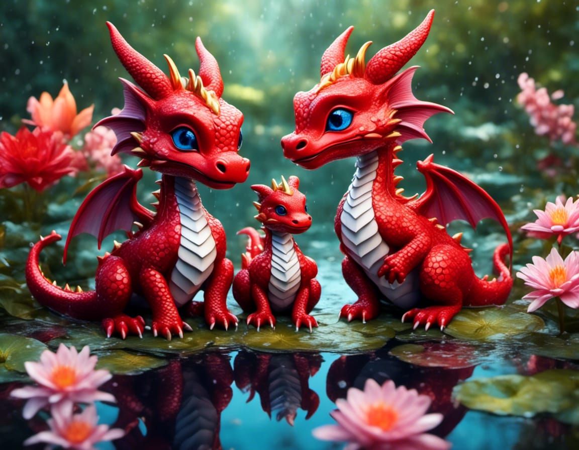 Adorable red baby twin dragons  playing in the lily pond, my...