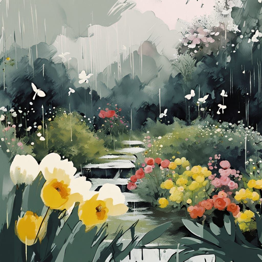 Whimsical Rainy Spring Garden Masterpiece in Impasto Style