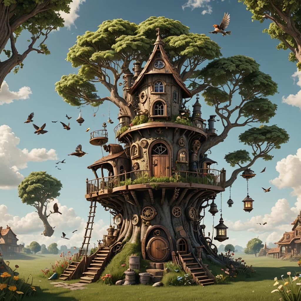 A fairy house with a quiet tree, grass and birds in the sky,...