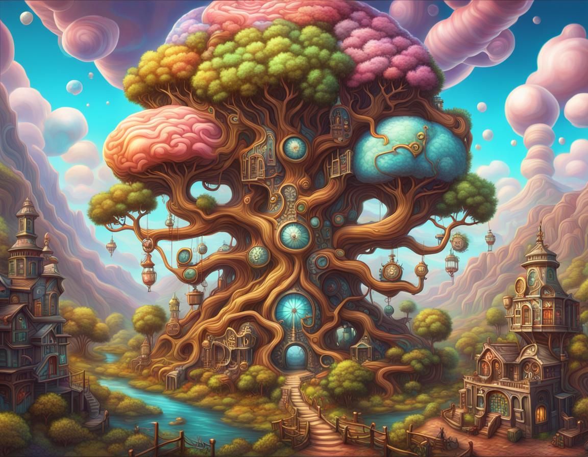Steampunk World Tree in Candy Art Style