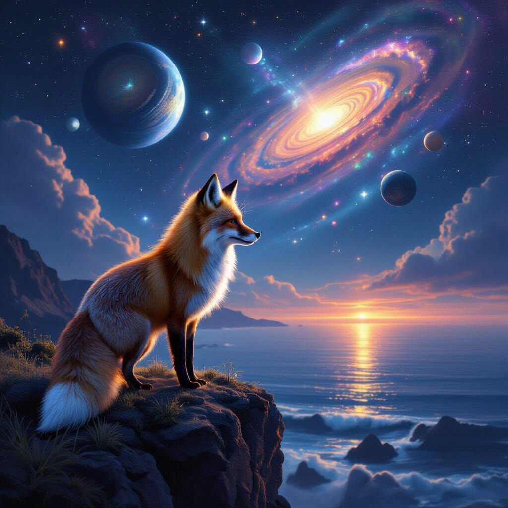 Majestic Fox on Cliff Overlooking Cosmic Ocean