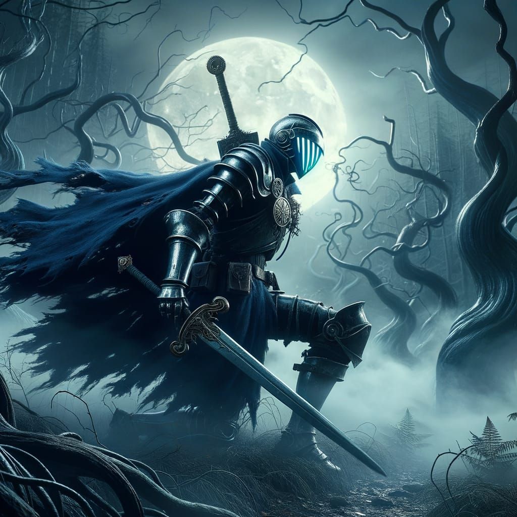 Grim Dark Knight Embarks on Haunted Moonlit Quest