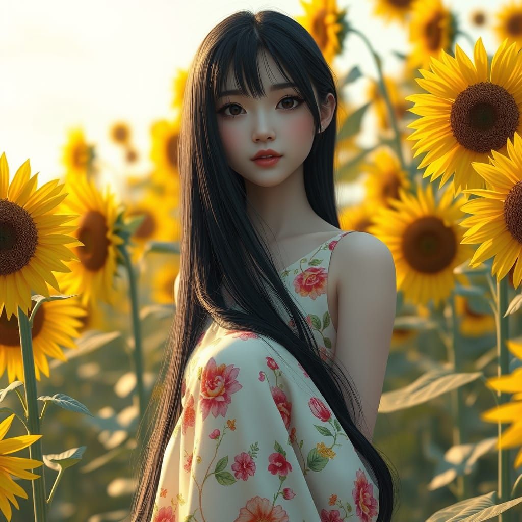 Serene Asian Woman Amidst Vibrant Sunflowers in Hyper-Realis...