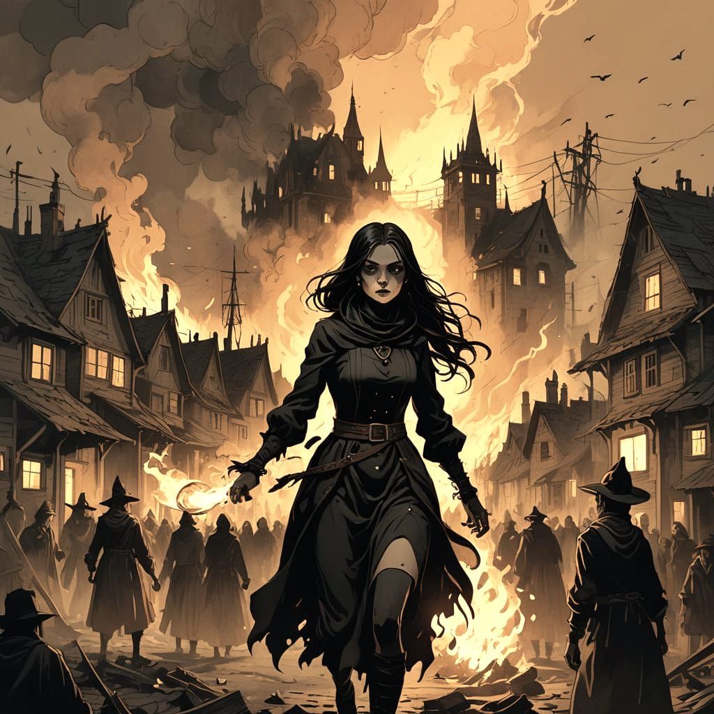Witch Girl Amidst Burning Village in Horror Style