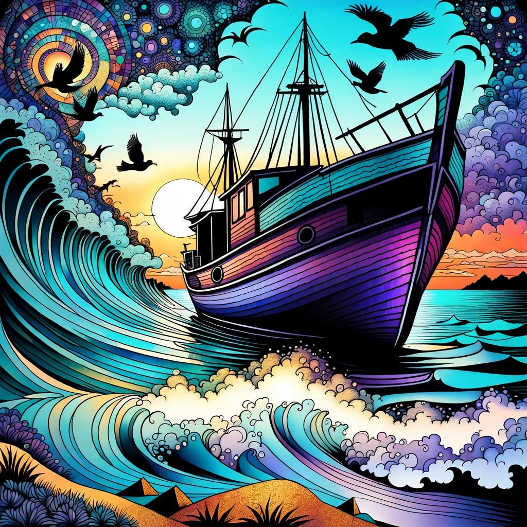 Pointillist Sunrise Boat with Captain Double Exposure