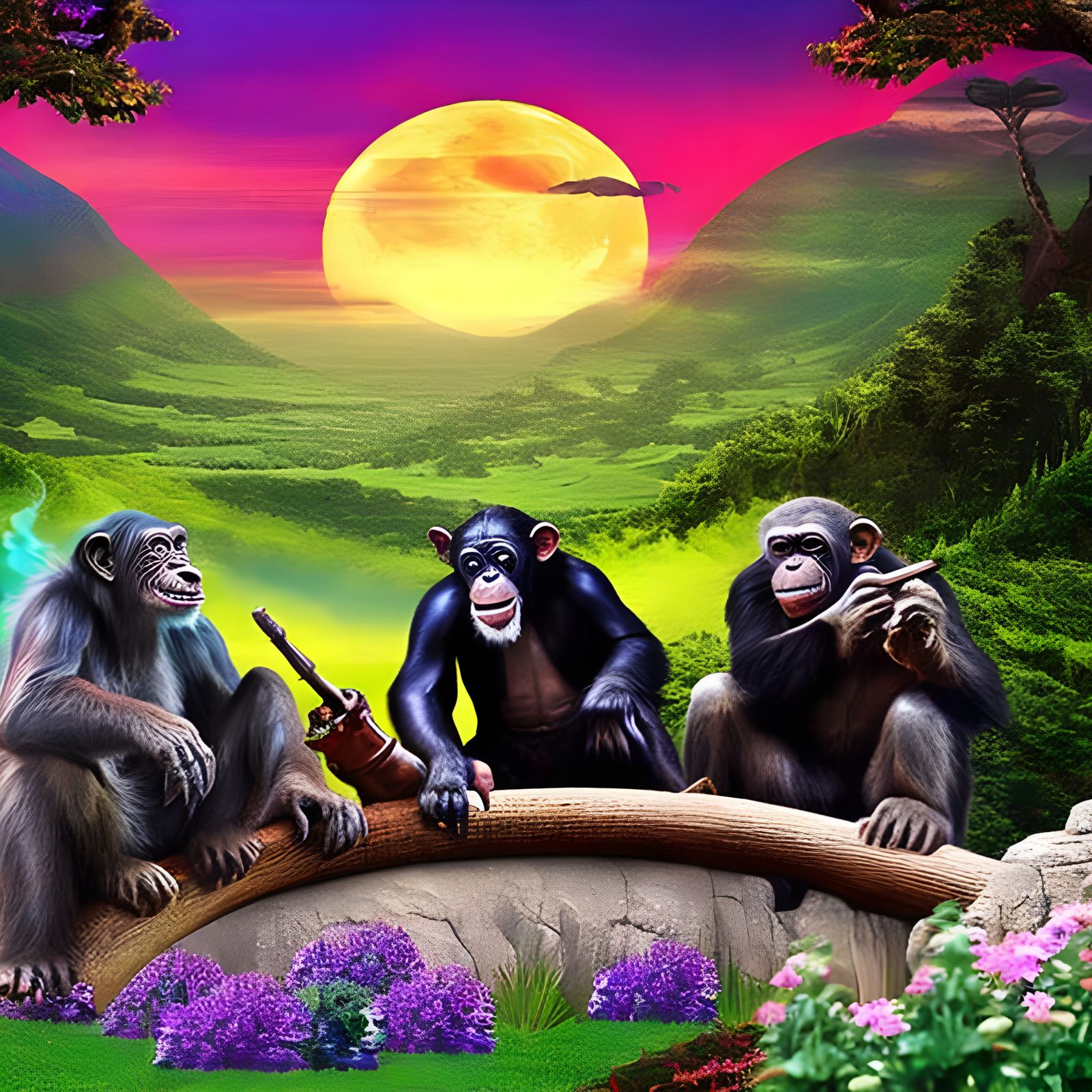 Chimpanzee Hobbit and Wizard in a Fantasy Wonderland