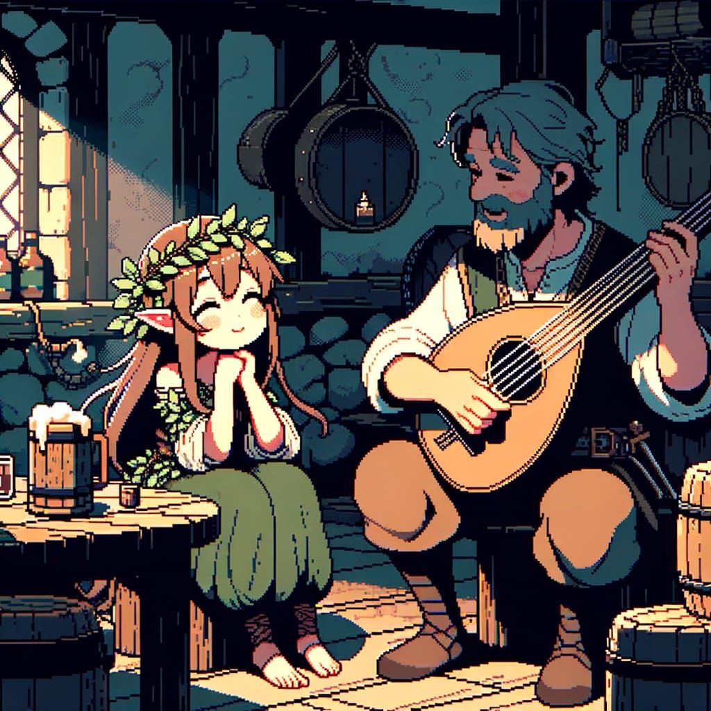 Enchanted Tavern Scene in Pixelated Anime Style