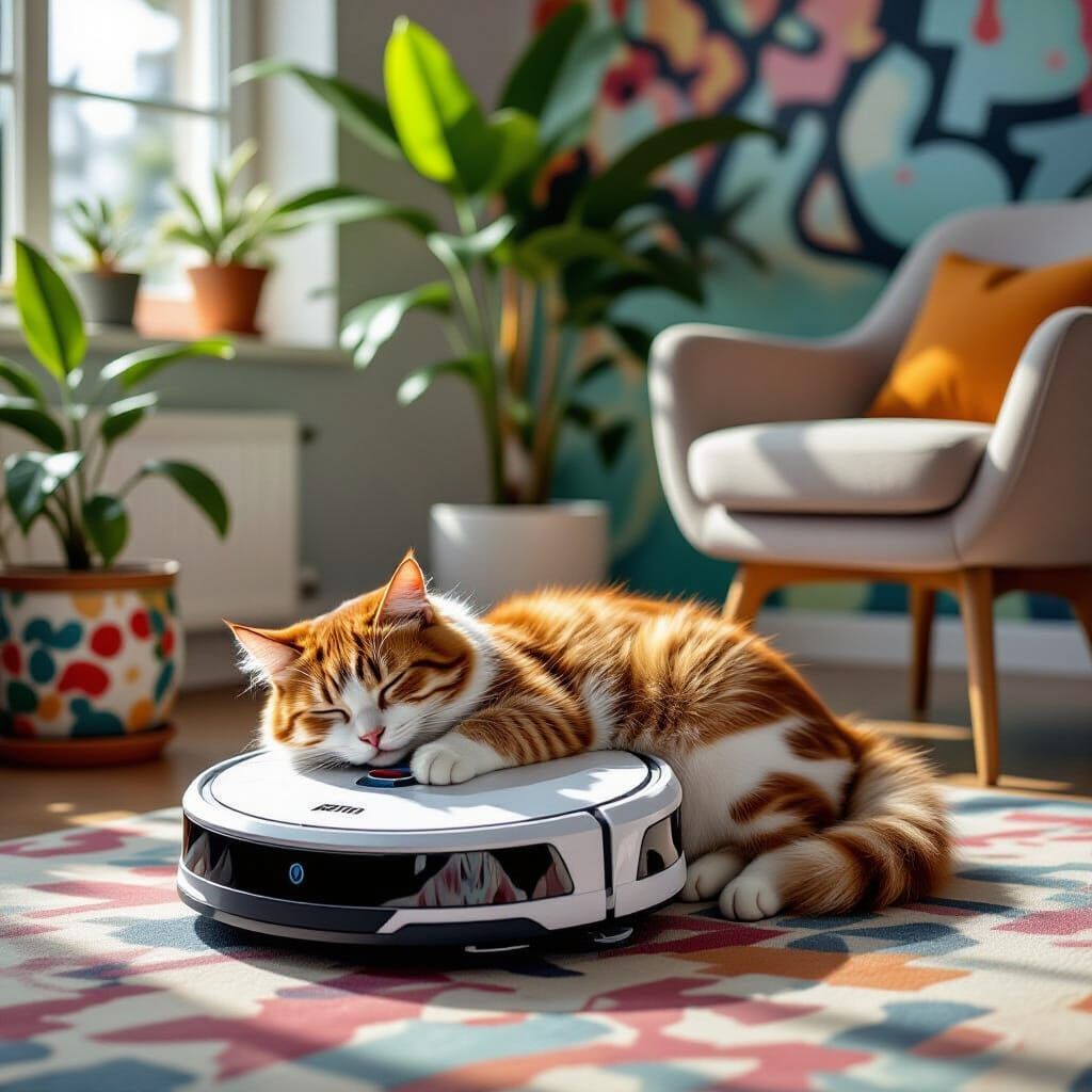 Tabby Cat Sleeps on Robot Vacuum in Modern Living Room