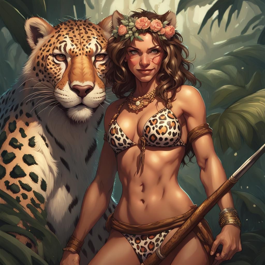 Cavewoman with Sabertooth Tiger Portrait