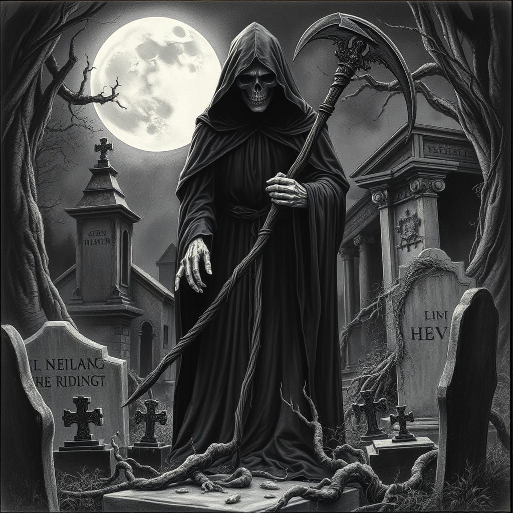 Solemn Grim Reaper Amidst Moonlit Headstones