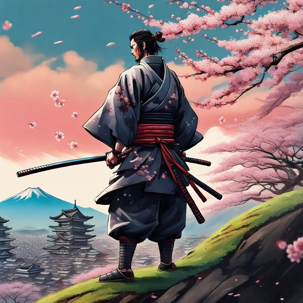 Samurai on Hilltop in Feudal Japan with Cherry Blossoms