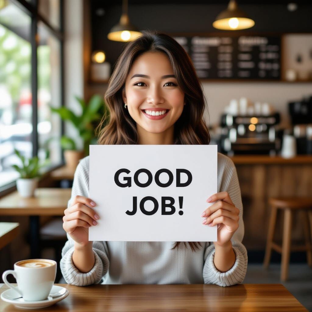 Smiling Asian Woman in Coffee Shop with Sign