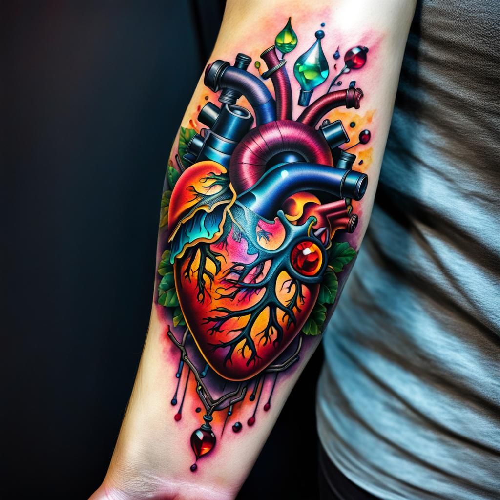 Biomechanical Heart Tattoo in Psychedelic New School Style