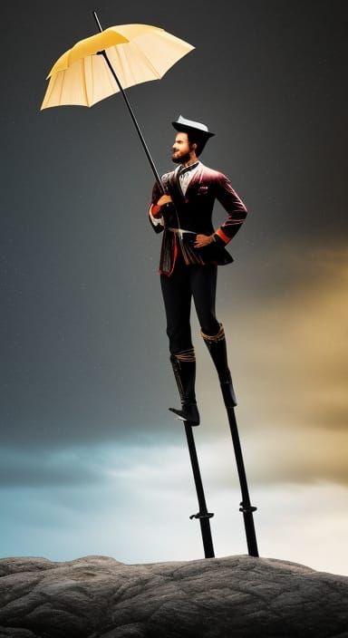Silhouette of Man Balancing on Stilts with Umbrella