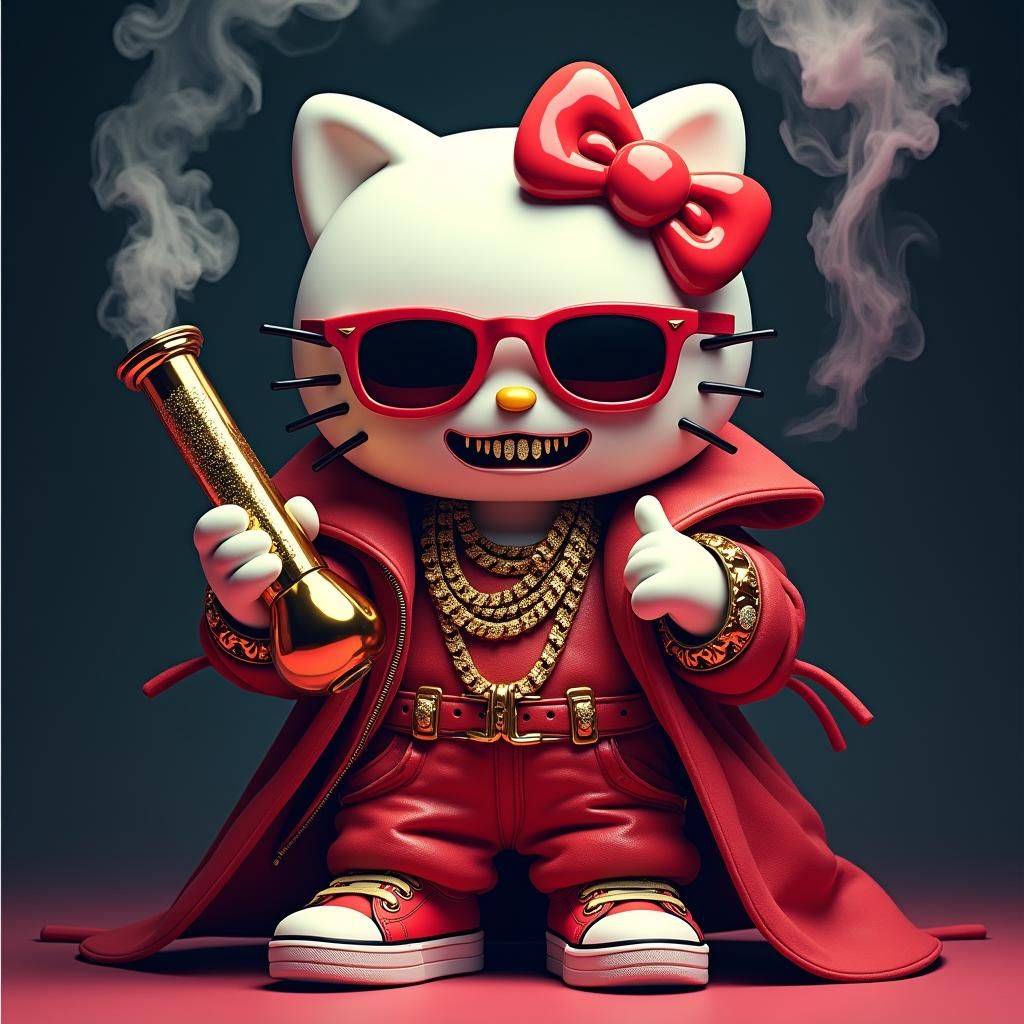 Gangster Hello Kitty with Gold Bong in Detailed Matte Painti...
