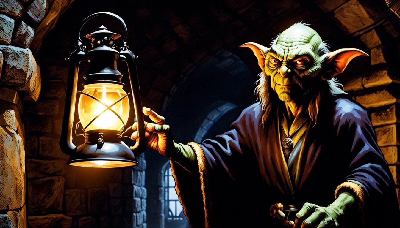 Goblin with Lantern in Flooded Crypt