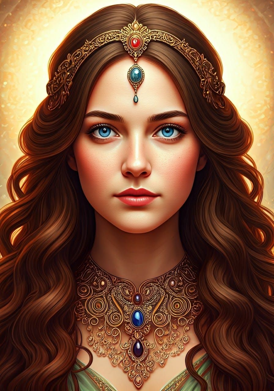 Fantasy Woman with Golden Headdress in Art Nouveau Style