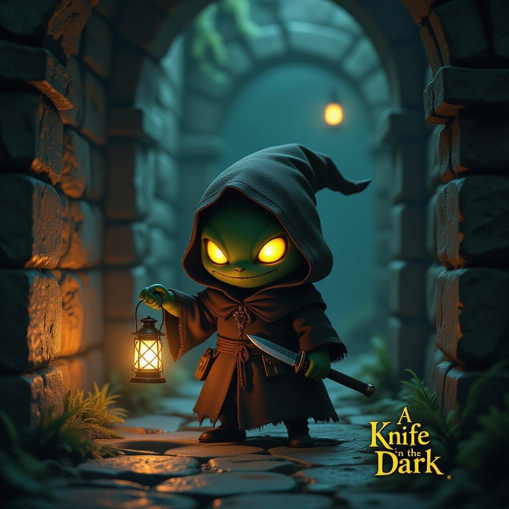 Sinister Tonberry in Dark Hallway: Album Cover Art
