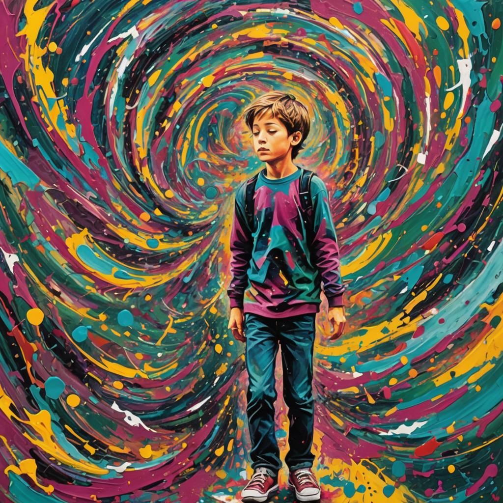 Abstract Expressionist Boy in Swirl of Colors