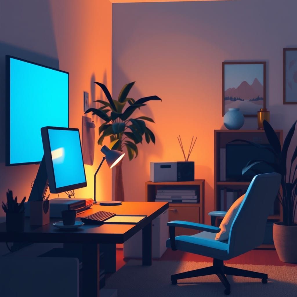 Serene Evening Study Scene in Soft Blue Digital Glow