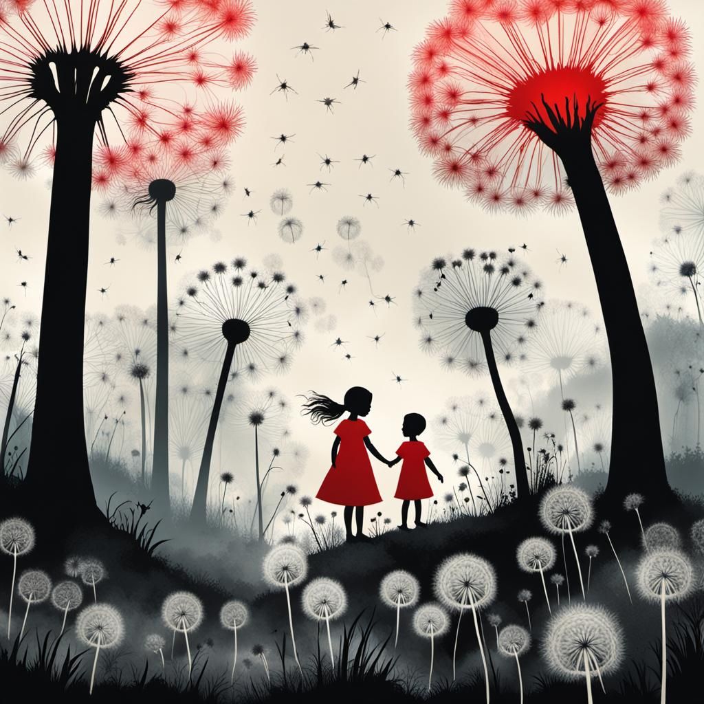 Surreal Landscape with Red Fairy in Early Photographic Style