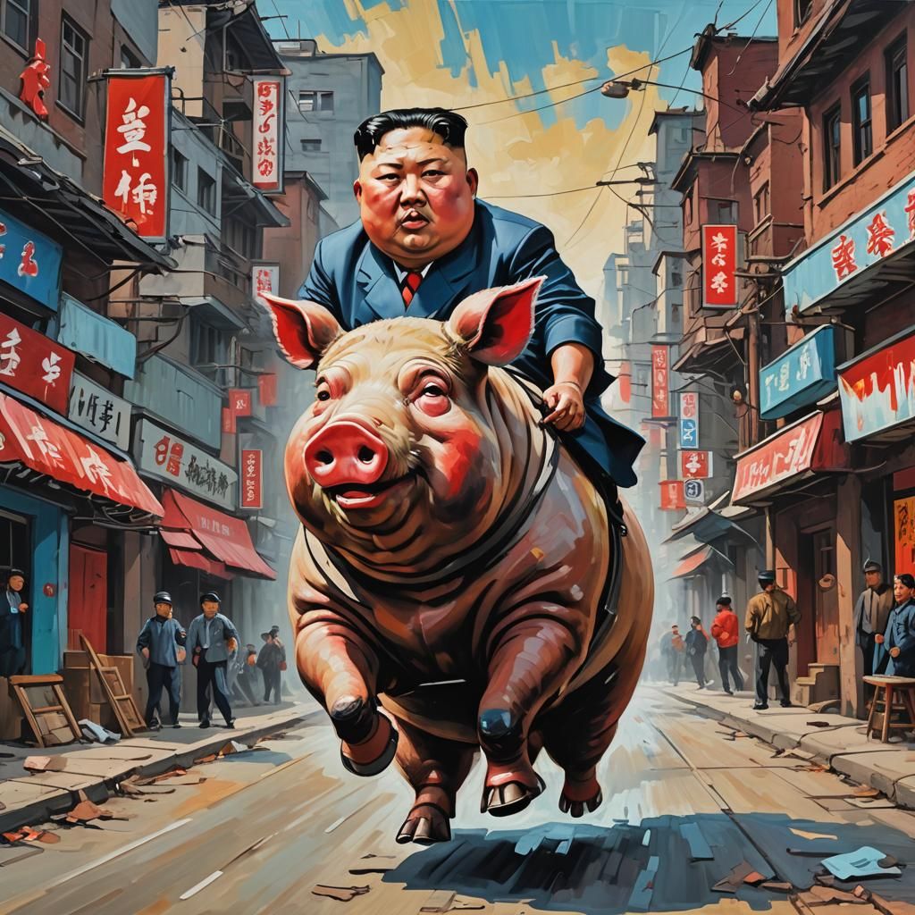 Kim Jong Un Rides Pig in Basquiat Style Oil Painting
