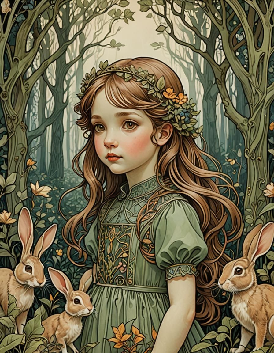 Art Nouveau Girl with Rabbit in Forest