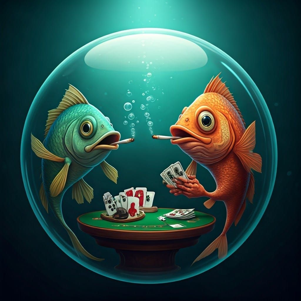 Cartoon Fish Play Poker in Underwater Casino