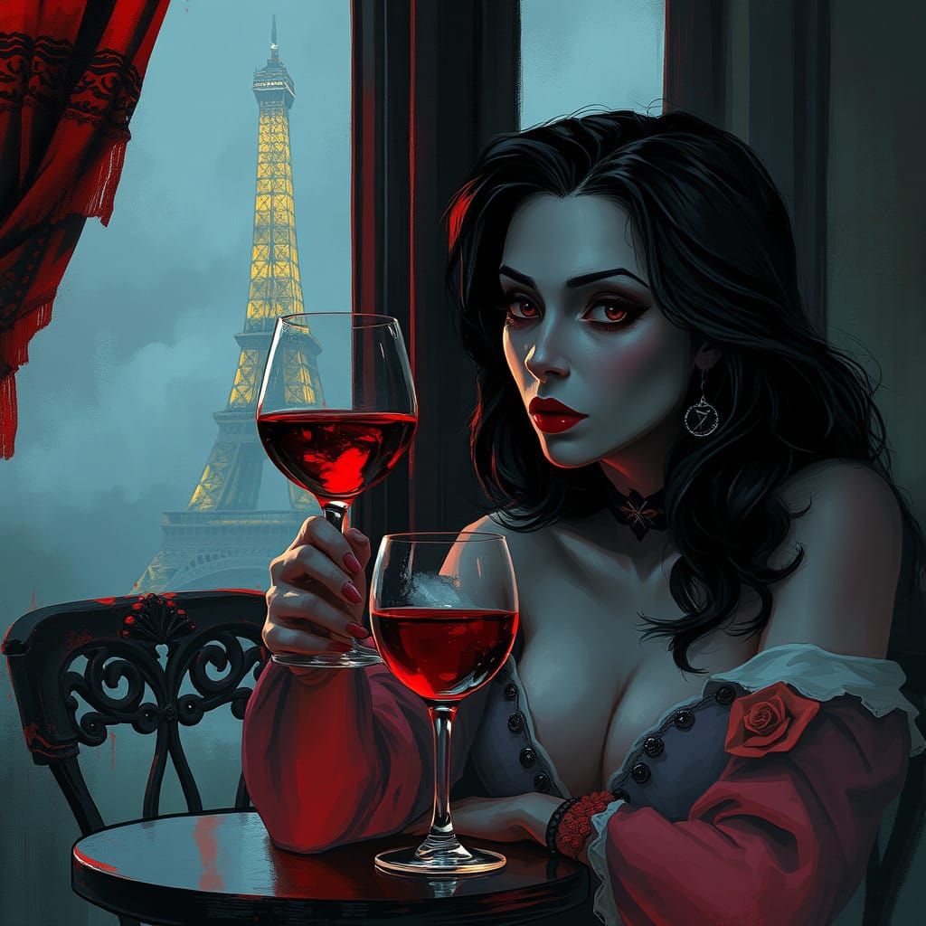 Ethereal Female Vampire Sips Wine in Haunting Parisian Night