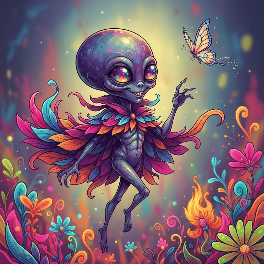 Alien Creature Chasing Butterfly in Wildflower Field