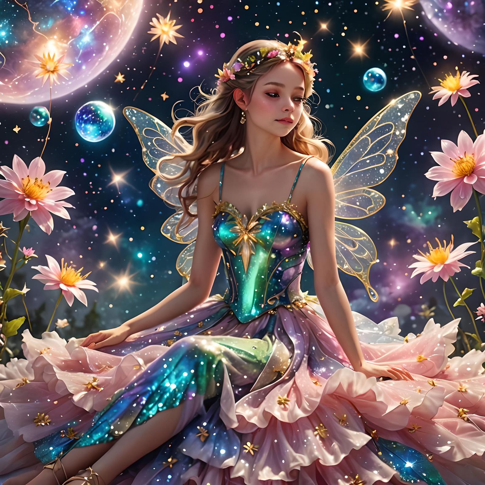 Fairy on Cloud in Sparkling Space