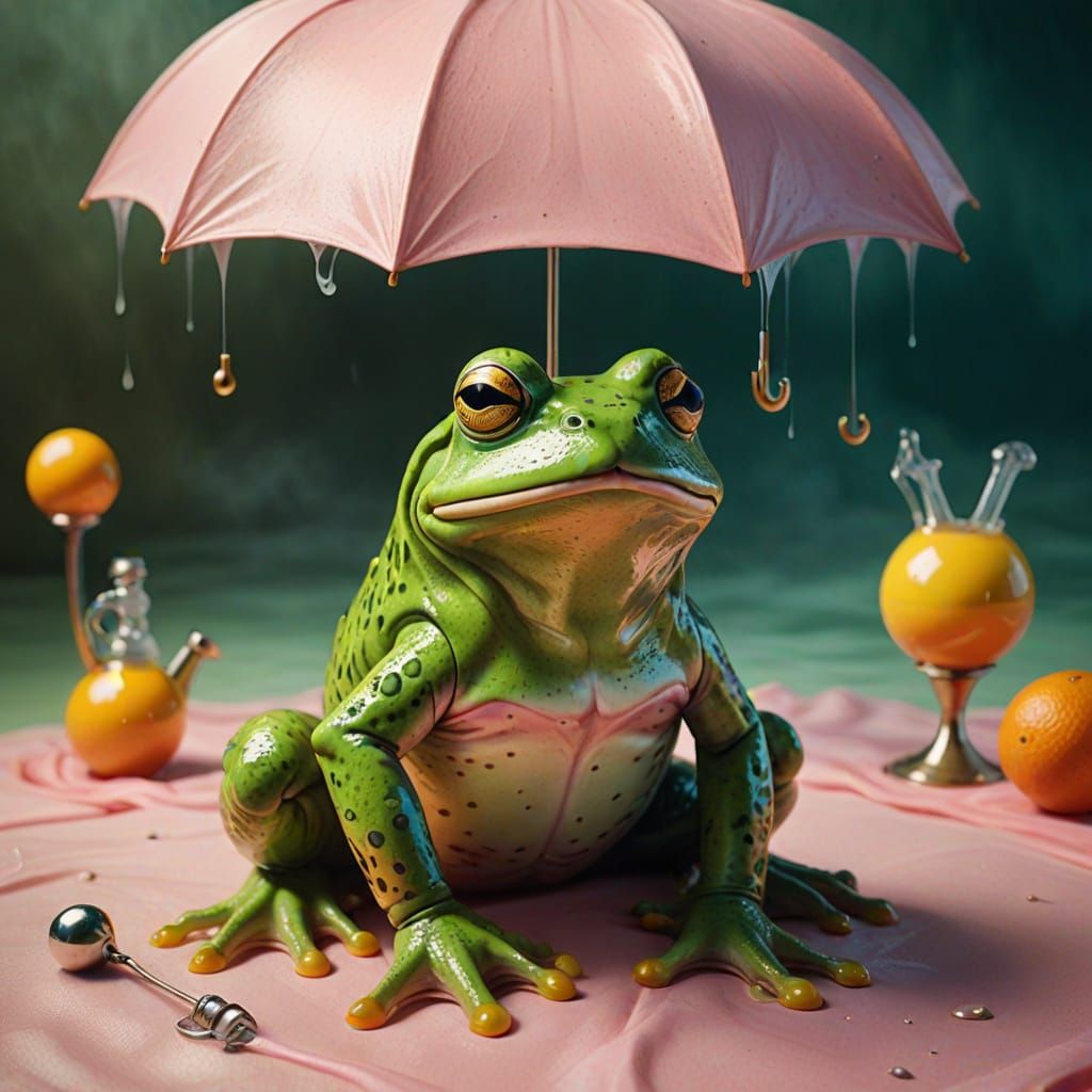 Anthropomorphic Frog on Ball in Surrealist Style