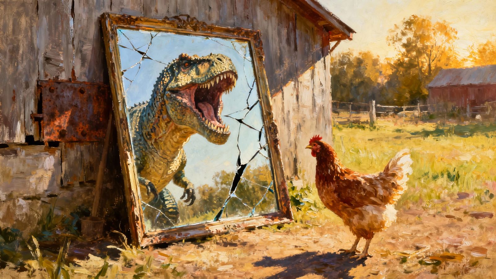 Chicken Sees T-Rex Reflection in Cracked Mirror