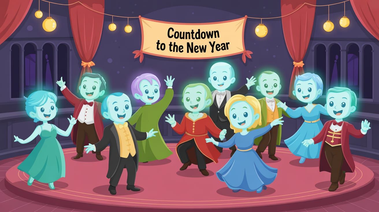 Adorable Ghost Spirits Dancing at New Year's Eve Ball