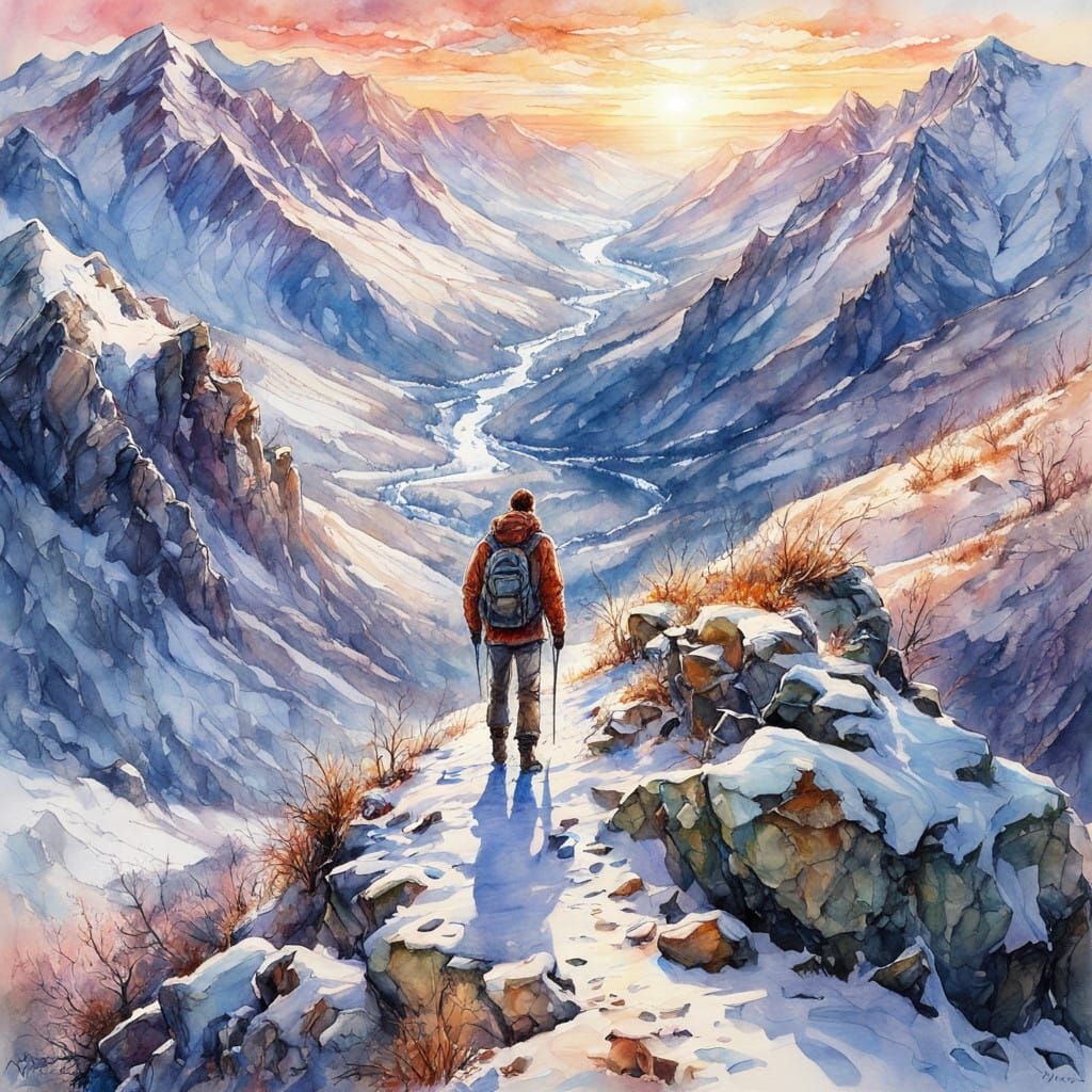 Winter Hiker's Serene Sunset Over Snowy Valley