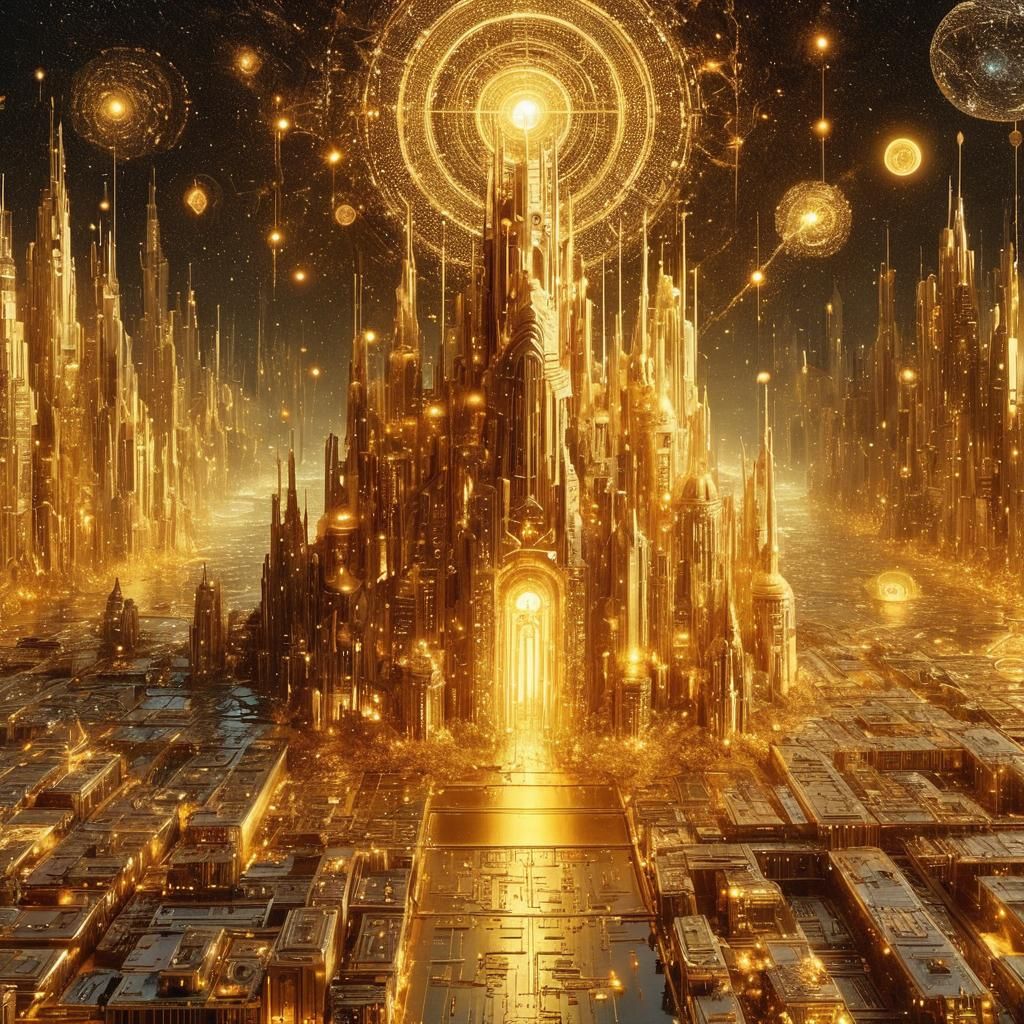 Futuristic Golden Bioluminescent Cityscape in HDR