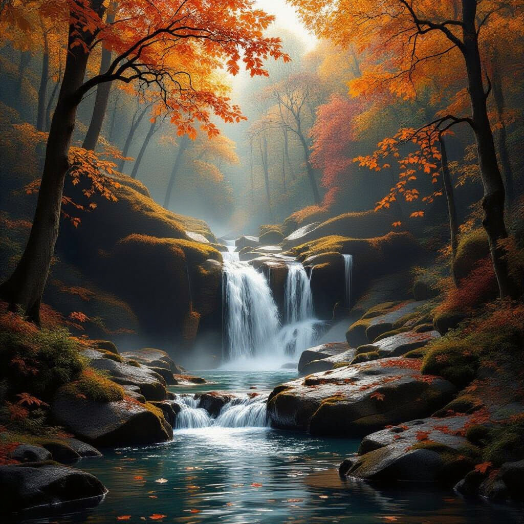 Enchanted Autumn Waterfall Over Giant Rocks
