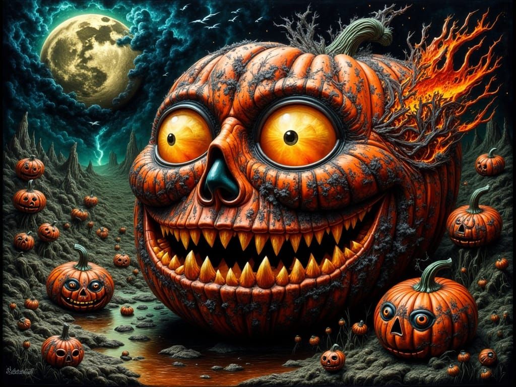 Angry Pumpkin Landscape in Pop-Surrealist Style