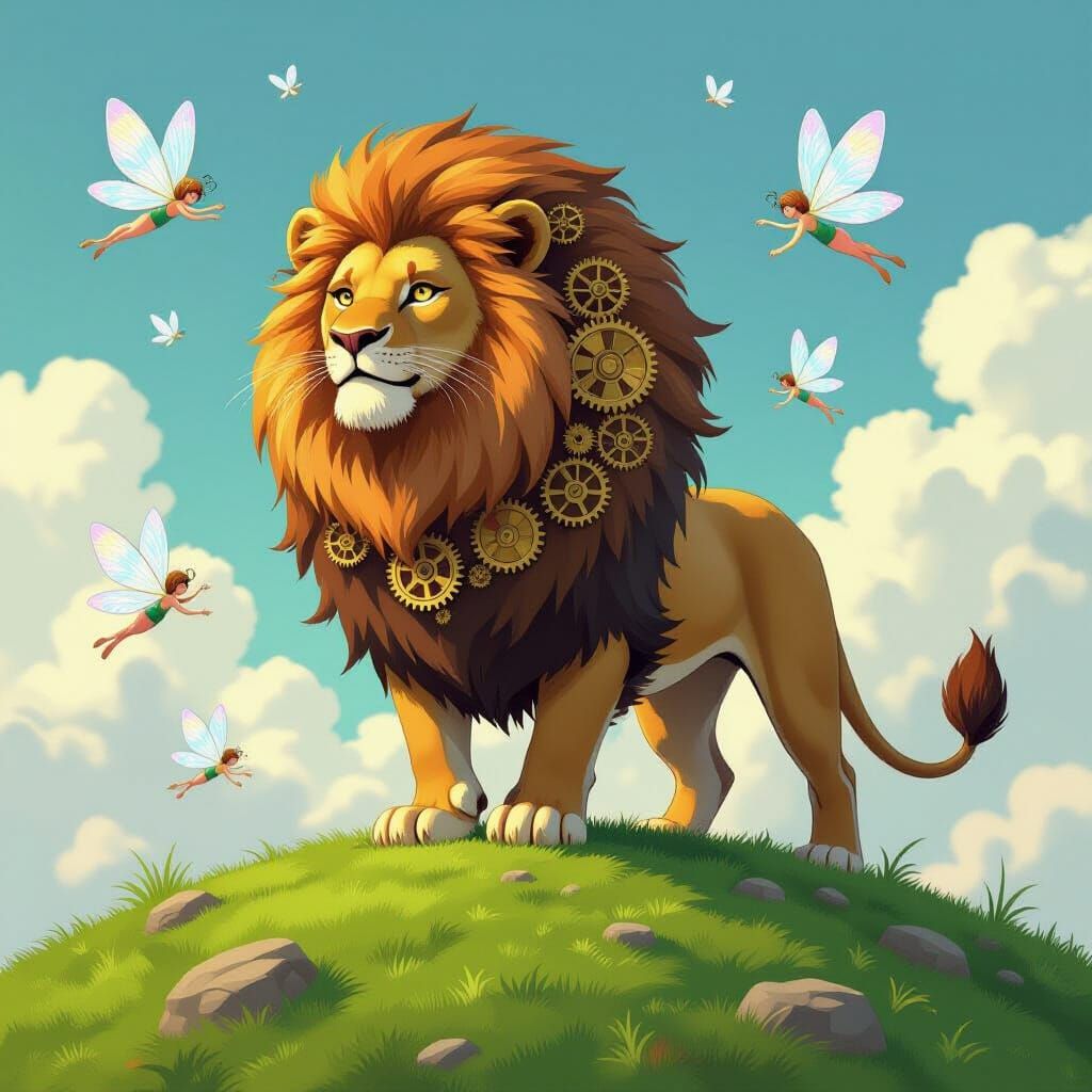 Clockwork Lion with Gears and Fairies