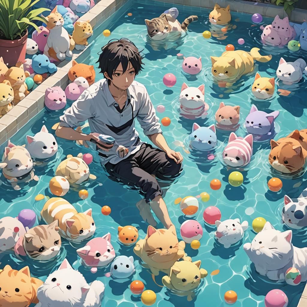 Whimsical Anime Scene: Man, Cat, and Toys in Pool