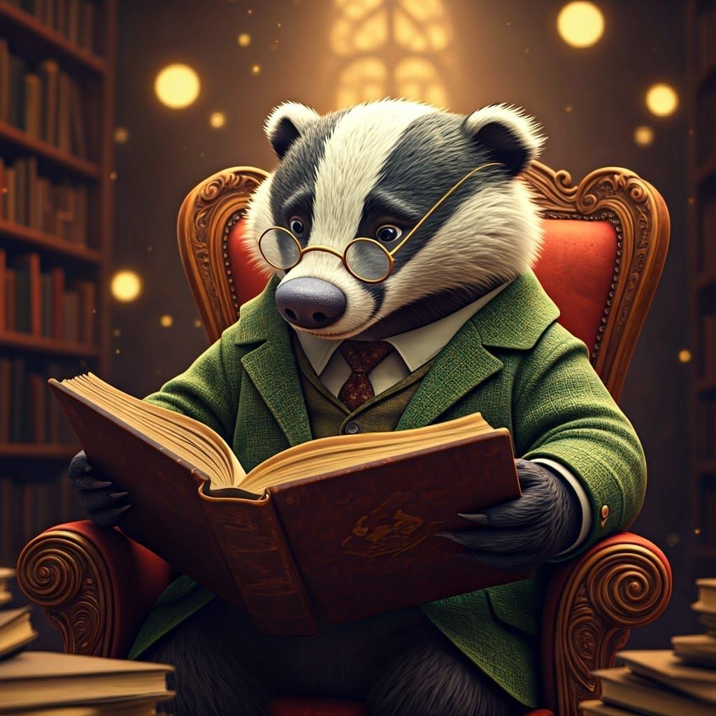 Badger Reading in Library: 3D Digital Art