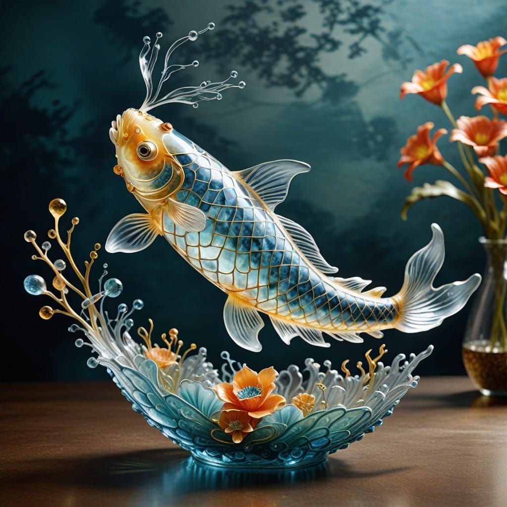 Surreal Glass Crystal Koi Fish in Dreamlike Underwater Scene