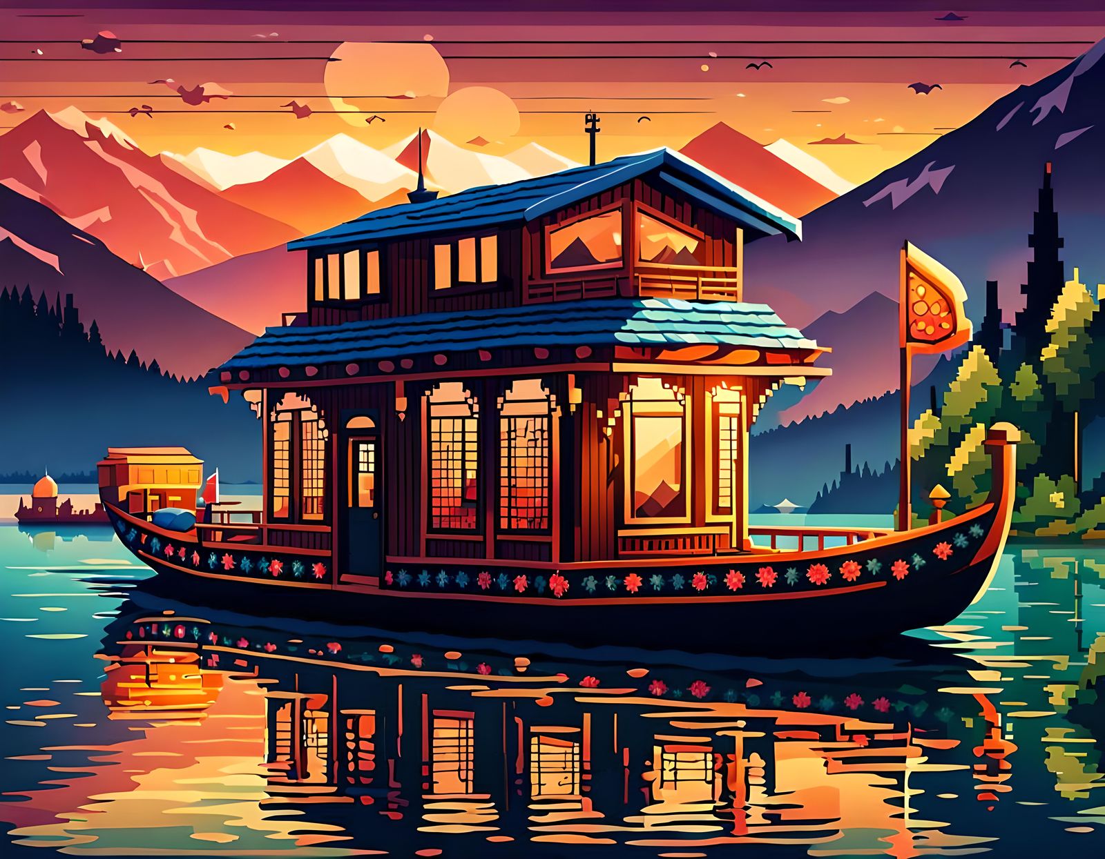 Cozy Houseboat Interior in Retro Pixel Art Style