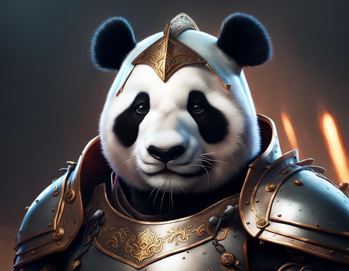 Giant Panda wearing knight armour with a smokey background