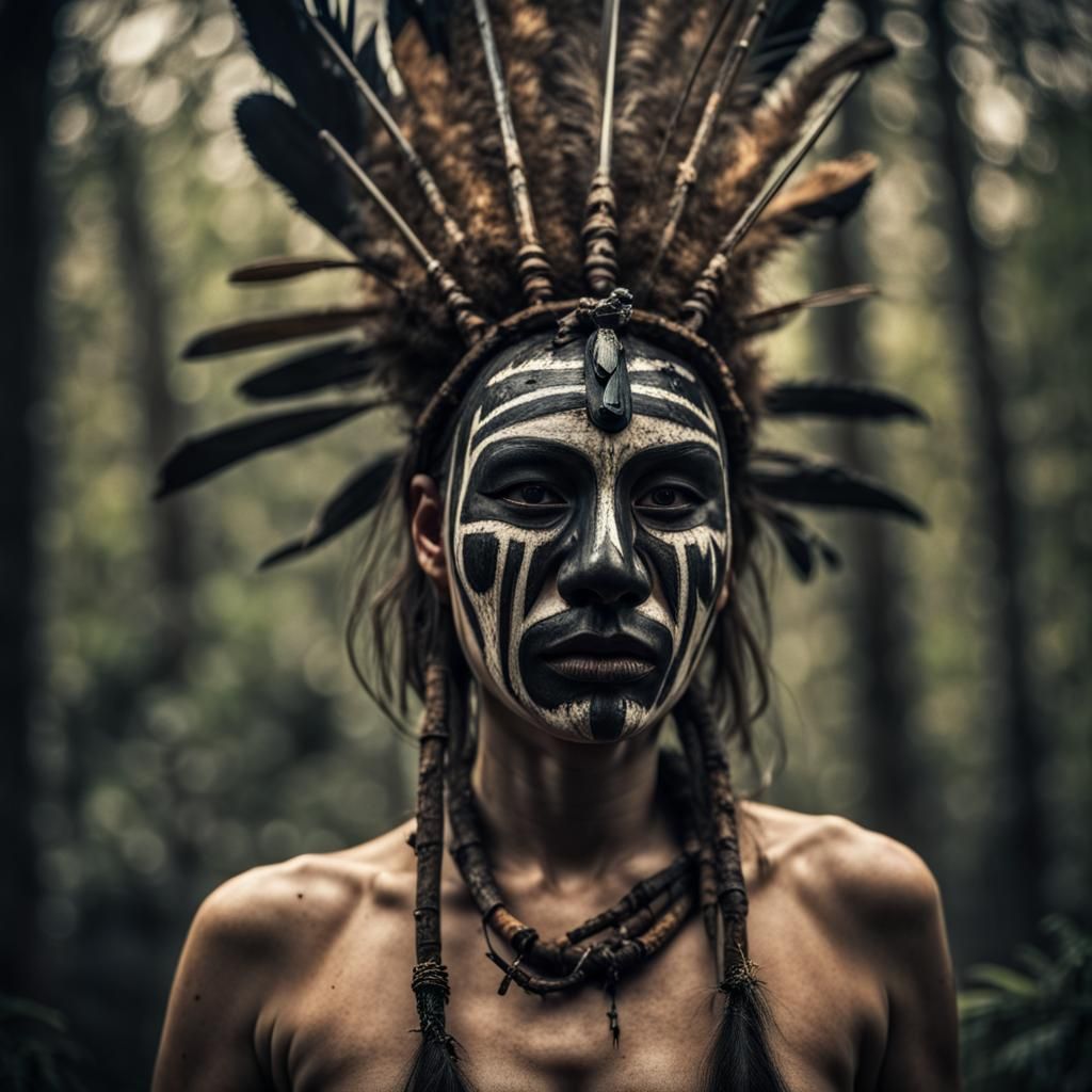 Prehistoric Shaman with Mask in Atmospheric Forest