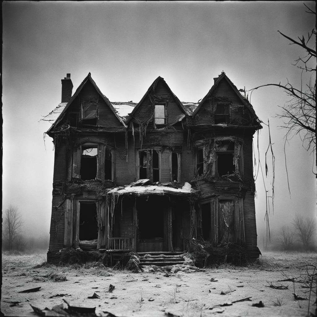 Goth Model in Foggy Abandoned House, B&W Film Style