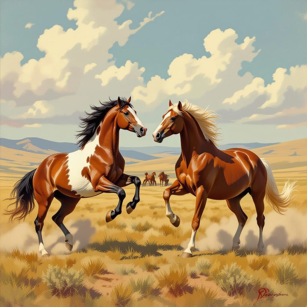 Stallions Clash in Alberta: A Vintage Painting